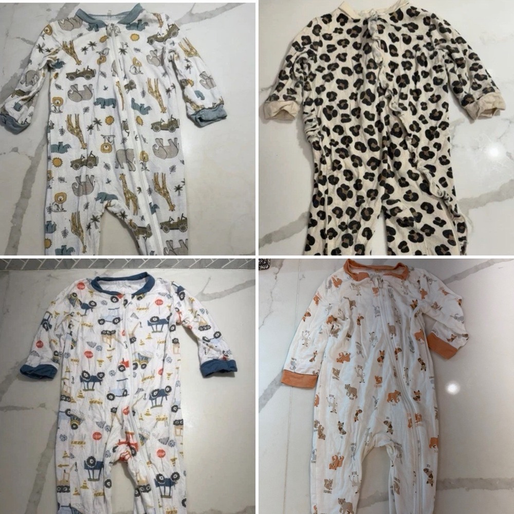 Milkberry Lot‎ of 4 Bamboo Bodysuits Sz 3-9 Months Footed Pajama Safari Trucks